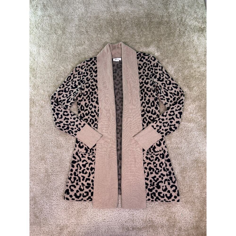 Yes Lola Leopard Print Cotton Open Front Cardigan Sweater Cowl Collar XS E322